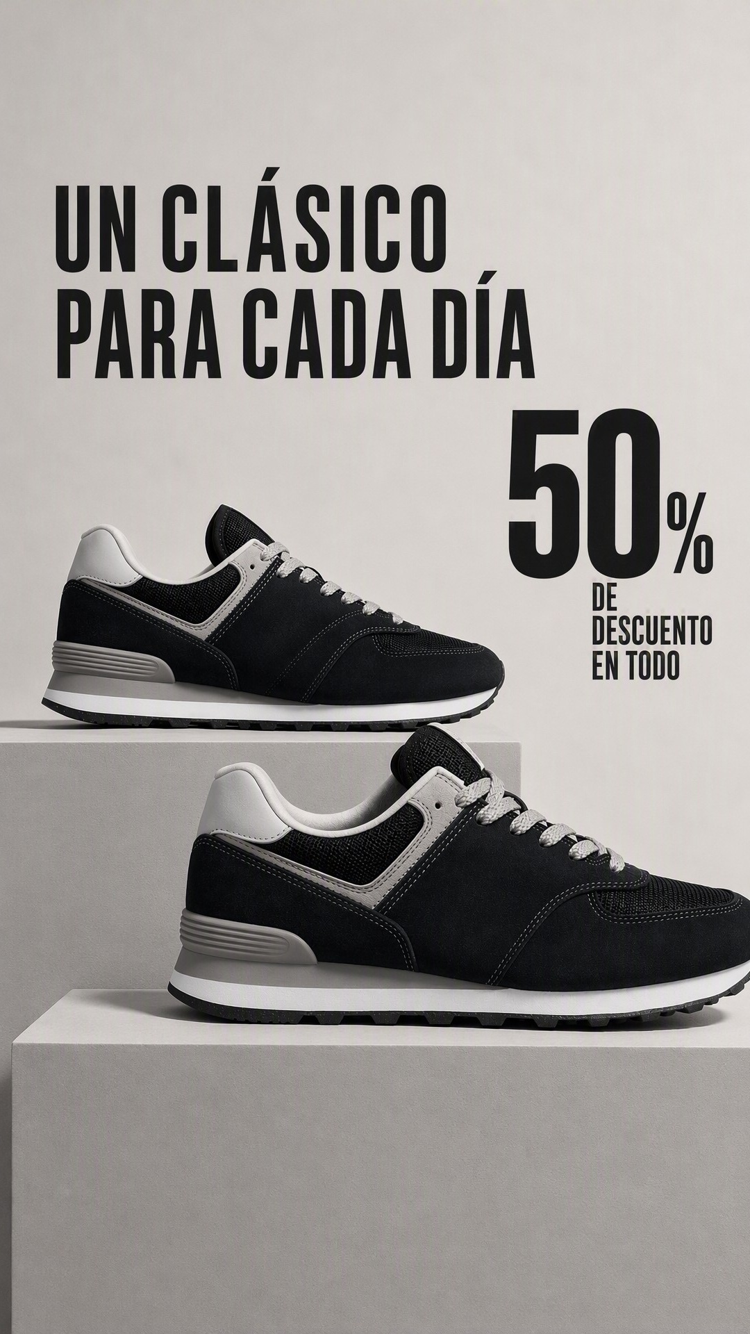 Zapatillas retro negras sin marca en un cartel editorial